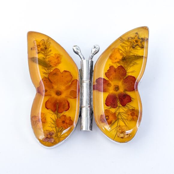 Vintage Sterling Silver 925 Pressed Flower Butterfly Pendant - Picture 2 of 6